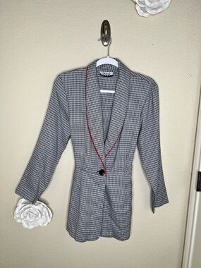 NTM Vintage Marnie West Checkered Blazer Jacket Red Piping Tie Back Size 8
